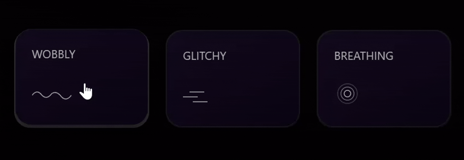 Movement ingredient tab – selecting from LIQUID, WOBBLY, GLITCHY, BREATHING, BOUNCY, FLOATING, MAGNETIC and seeing the button respond